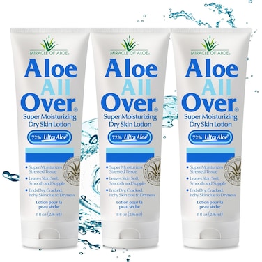 Aloe All Over Super Moisturizing Dry Skin Lotion, 3-Pack, 8 oz, 72% Aloe Vera Gel. Safe for Everyone, Ends Flaking and Restores Dry Skin Fast