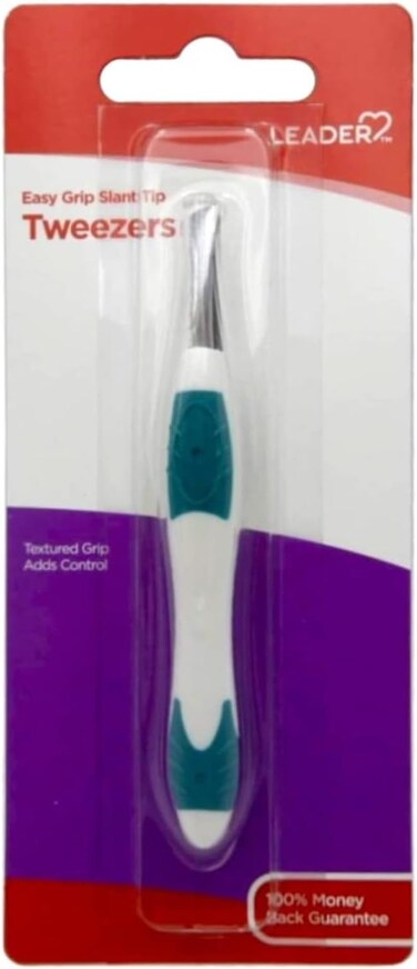 LEADER Tweezers Slant Tip Precision, Easy Grip, Non-Slip Rubber, Stainless Steel, Great Precision for Eyebrows, Facial Hair, Splinter and Ingrown Hair Removal