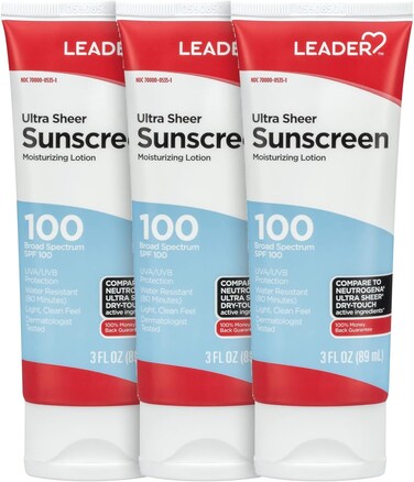 LEADER Travel Sunscreen SPF 100+, Ultra Sheer Dry-Touch Water Resistant and Non-Greasy Lotion with Broad Spectrum SPF 100+, 3 Fl Oz (3 Pack)