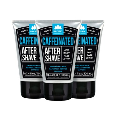 Pacific Shaving Company Caffeinated Aftershave, Men's Grooming Product - Antioxidant Daily Face Lotion + After Shave - Soothing Aloe &amp; Spearmint Post Shave Balm for Sensitive Skin (3.4 Fl Oz, 3 Pack)