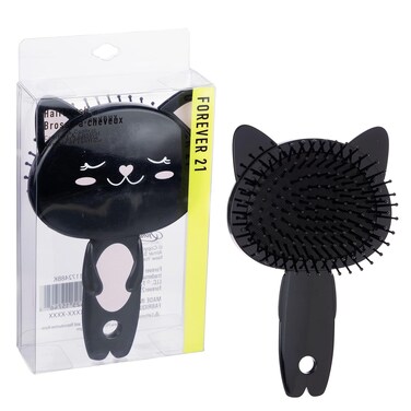 Forever 21 Hairbrush - 1pc Cute Animal Character Hairbrush, Comfort &amp; Control Cushion Hair Brush w/Gentle Bristles, Cushion Base, and Animal Ears (BLACK CAT)