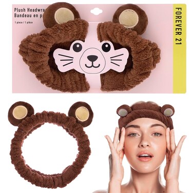Forever 21 Plush Headwrap - Brown Bear Plush Spa Headband, Kawaii Headband for Washing Face   Spa Essentials &amp; Self Care Accessories