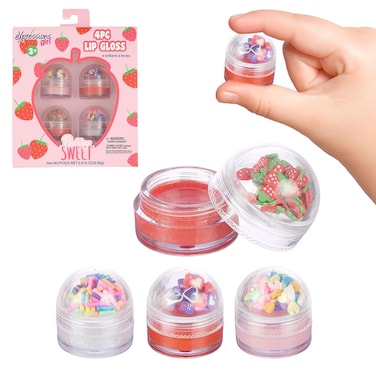 EXPRESSIONS Girl 4pc Lip Gloss with Confetti Top &ndash; Berry Sweet Fruity Flavored Lip Gloss For Girls, Safe and Non-Toxic Confetti Lip Gloss Gift Set For Girls