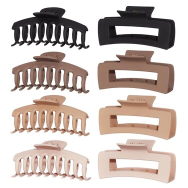 Large Claw Clips (4.3 inches) by Nicole Miller   Pack of 8 in 4 Colors with Square and Butterfly Styles, Cream, Beige, Dark Brown and Black   Strong and Durable Hair Accessories for Women - Perfect