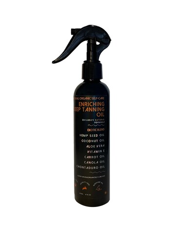 ENRICHING DEEP TANNING OIL, Tanning, Massage, and Moisturizer Oil Spray with Coconut Oil, Hemp Seed Oil, Aloe Vera, Vitamin E, and Carrot Oil. Made with organic ingredients. 8.4 OZ
