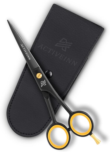 Professional Hair Scissors 5.5 Inches High-Carbon Stainless Steel Beard, Mustache, and Barber Scissors for Home and Saloon Carrying a Faux Leather Pouch in Matt Black by ACTIVEINN, Sharp Razor Edge