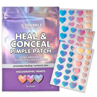 Heal &amp; Conceal Pimple Patch - Cute Holographic Heart Shaped Acne Patches, Fun Hydrocolloid Zit Stickers for Face (Iridescent Hearts, 78 Count)