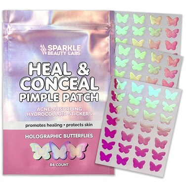 Heal &amp; Conceal Pimple Patch - Cute Holographic Butterfly Shaped Acne Patches, Fun Hydrocolloid Zit Stickers for Face (Iridescent Pink Butterflies, 84 Count)