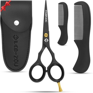 Beard and Mustache Scissors for Men 5" with 2 Combs &amp; Pouch &ndash; German Quality Stainless Steel Hand-Forged Grooming Scissors for Facial Hair Trimming (Black)