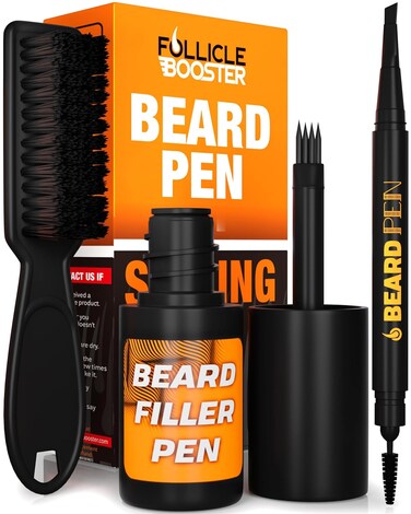 FOLLICLE BOOSTER Beard Pen Filler Styling Kit for Men - 3-in-1 Filling Set with 4-Tip Fork, Normal Pencil, and Brush - Waterproof, Sweatproof &amp; All-Day Hold - Dark Brown