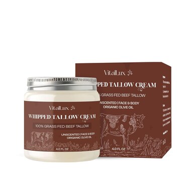 Beef Tallow for Skin - 100% Organic Grass-Fed Tallow Whipped Moisturizer   Face + Body, Unscented, 4 FL. oz Natural Nourishment