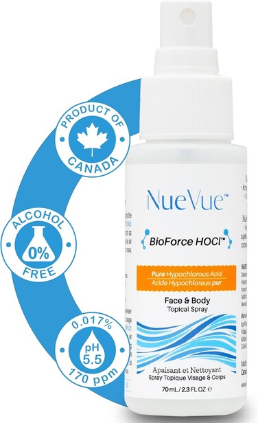BioForce HOCl - Pure Hypochlorous Acid Spray for Face Travel Size Toner &amp; Cleanser - Made in Canada - Acne-Prone Skin &amp; Eczema, Piercing aftercare, pH Balanced, Non-comedogenic - NueVue (2.3 oz)