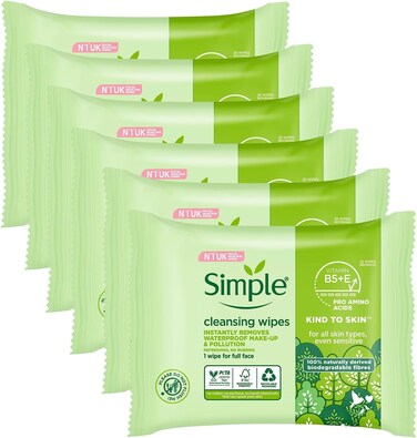 Simple Kind to Skin Cleansing Facial Wipes, 25 Count (Pack of 6)