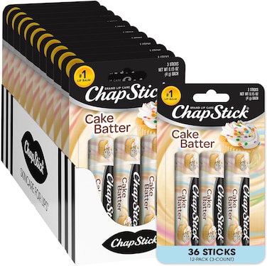 ChapStick Bulk Lip Balm, Cake Batter 3-Packs (12 Sets/36 Tubes) &ndash; Sweet &amp; Delicious Lip Moisturizer, Birthday Gifts, Stocking Stuffers, 0.15