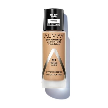 Almay Skin Perfecting Comfort Matte Foundation, Hypoallergenic, Cruelty Free-Fragrance Free, Dermatologist Tested Liquid Makeup, Neutral Toasted Almond, 1 Fluid Ounce