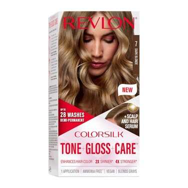 Revlon ColorSilk Tone + Gloss + Care Demi Permanent Hair Color, Dye Kit with Leave-In Scalp and Haircare Serum, 2x Shinier, 4x Stronger, 7 Dark Blonde, 4.5 fl oz