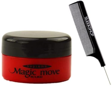 Magic Move Hair Product Cream by Supremo Japan (with Sleek Steel Pin Tail Comb) Japanese Creme Pomade Clay (HARD (Red) - 4.2 oz LARGE)