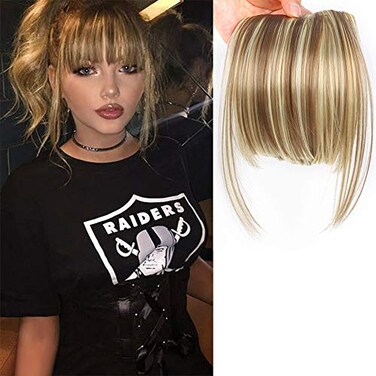 LEEONS Fringe Bangs Synthetic Hair Extensions Clip in Bangs 6" Short Straight Hairpiece Front Neat Bang Two Side Blonde(18H613#)