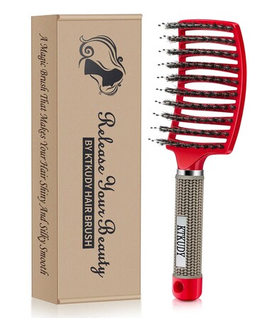 KTKUDY Detangling Hair Brush - Boar Bristle &amp; Tangle-Free Design for Kids, Women, and Men - Perfect for Wet and Dry Hair - Smooth, Magical Pain-Free Styling (Red)