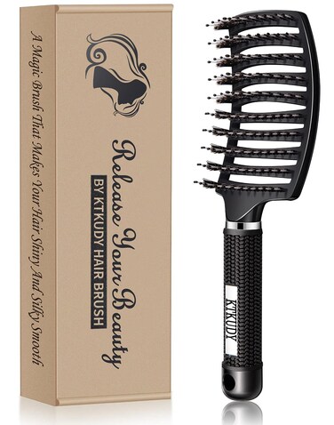 KTKUDY Detangling Hair Brush - Boar Bristle &amp; Tangle-Free Design for Kids, Women, and Men - Perfect for Wet and Dry Hair - Smooth, Magical Pain-Free Styling (Black)
