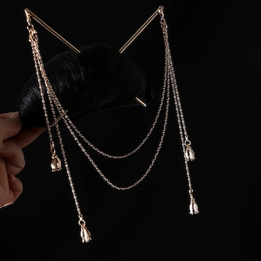 Chinese Hair Sticks with Tassel, Double Chain Hair Pin Vintage Tassel Hair Chopsticks Hanfu Chignon Hair Styling Accessories#3 1pc