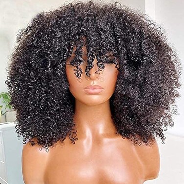 Afro Kinky Curly Wig With Bangs Full Machine Made Scalp Top Wig 200 Density Brazilian Short Curly Human Hair Wigs Natural Color 22 Inch