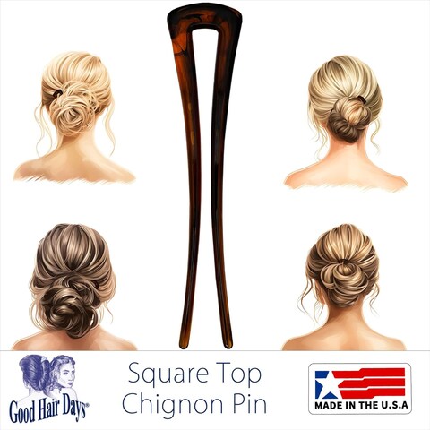 Good Hair Days- Square Top Chignon Pin for Classic Chignon, French Twist, Braided Updos, Low Buns, U-shaped hair accessory, Chignon Hair Pin, French Pin Made in USA (1 Pin, Shell, 4 3/4&quot; Long)