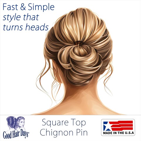 Good Hair Days- Square Top Chignon Pin for Classic Chignon, French Twist, Braided Updos, Low Buns, U-shaped hair accessory, Chignon Hair Pin, French Pin Made in USA (1 Pin, Shell, 4 3/4&quot; Long)