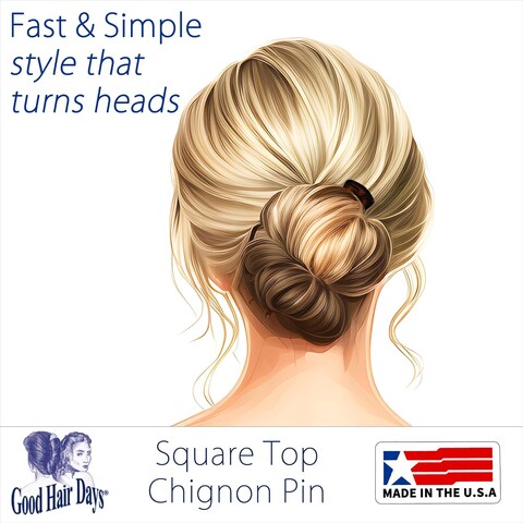 Good Hair Days- Square Top Chignon Pin for Classic Chignon, French Twist, Braided Updos, Low Buns, U-shaped hair accessory, Chignon Hair Pin, French Pin Made in USA (1 Pin, Shell, 4 3/4&quot; Long)