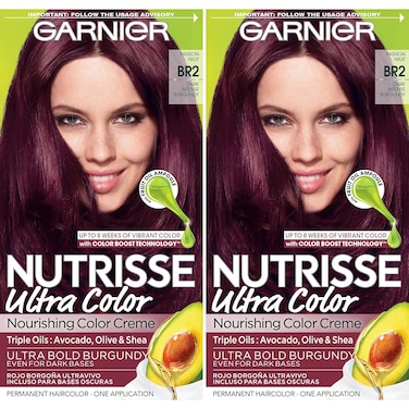 Garnier Hair Color Nutrisse Ultra Color Nourishing Creme, BR2 Dark Intense Burgundy (Passion Fruit) Red Permanent Hair Dye, 2 Count (Packaging May Vary)