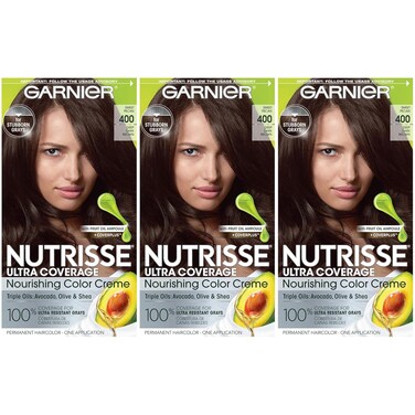 Garnier Hair Color Nutrisse Ultra Coverage Nourishing Creme, 400 Deep Dark Brown (Sweet Pecan) Permanent Hair Dye, 3 Count (Packaging May Vary)