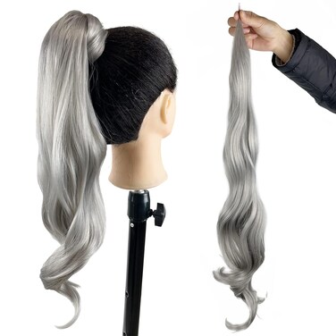 Chicmoi Grey Ponytail Extainson 32 Inch Flexible Wrap Around Ponytail Hair Extension Long Wavy Pony Tails hair Extension Synthetic Hairpieces For Women and Girls