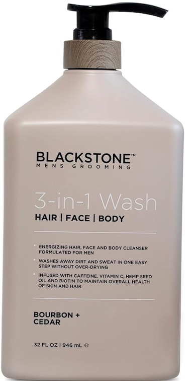 Blackstone 3-in-1 Wash for Men   Cleanses &amp; Conditions Hair, Body, &amp; Face   For All Skin &amp; Hair Types   With Caffeine, Vitamin C, Hemp Seed Oil &amp; Biotin - Bourbon &amp; Cedar, 32 fl oz