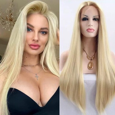 xiweiya Natural Mix Blonde Straight Lace Front Wigs Long Silky Straight Ombre Gold Synthetic Lace Wigs Heat Resistant Fiber for Women 22inch&hellip;