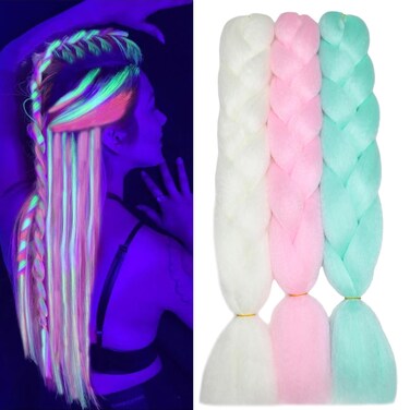 Glow in the Dark Colorful Jumbo Braiding Hair Extensions for Rainbow Braids 24inch 3pcs (White/Pink/Green)