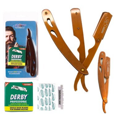 KS Shears Straight Razors For Men Kit - Men's Straight Razor Shaving Kit with 100-Pack Derby Platinum Blades, Classic Rose Gold Barber Straight Razor