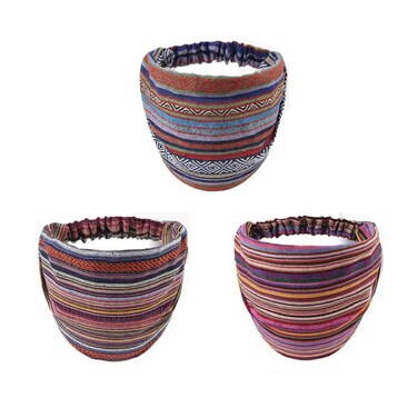 Andy's Orchids 3Pcs Wide Head Wrap, Boho Headband, Turban Hair Scarf, Elastic Hair Bands, Striped Fabric Cotton Hairbands