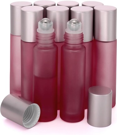 Kesell 10 Pack - 10ml Refillable Frosted Glass Roller Bottles Vials with Stainless Steel Roller Ball and Aluminum Cap - Pink Color