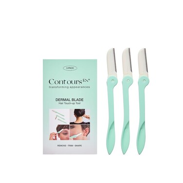 Contours Rx Derma Blades - Facial Razor &amp; Dermaplaning Tool for Peach Fuzz, Bikini Line, Eyebrows, Arms and Neck - Portable Stainless Steel Face Razors with Foldable Handle (3pk)