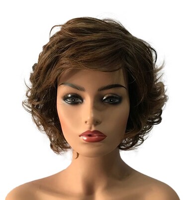 Wiginway Curly Wavy Wig Synthetic Hairpiece for Women Natural Style Medium Golden Brown Full Wigs 8 Inch