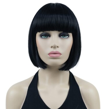 Lydell 8" Straight Short Bob Hair Flat Bangs Cute Central Dot Skin Top Heat Resistant Synthetic Wigs (Black)