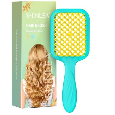 Curly Hair Detangling Brush with Soft Wave Bristles, Women Hairbrush for Thick Hair, Swimming, and Beach, Yellow Blue