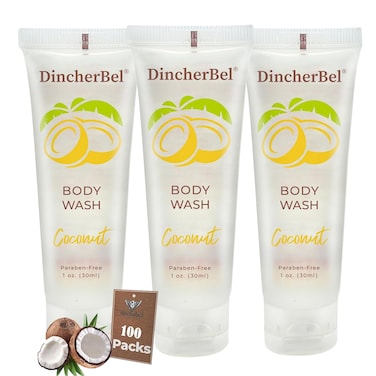 Travel Size Body Wash Bulk, Small Size Guest Hotel Toiletries, Refreshing Tropical Coconut Scent Shower Gel Great for Vacation Rental and Airbnb Toiletries (1 Fl Oz, 100 Pack)