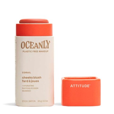 ATTITUDE Oceanly Plastic-Free Lightweight Blush Stick, Titanium Dioxide-Free, EWG Verified, Vegan &amp; Cruelty-free Makeup, Corail, 0.3 Ounces