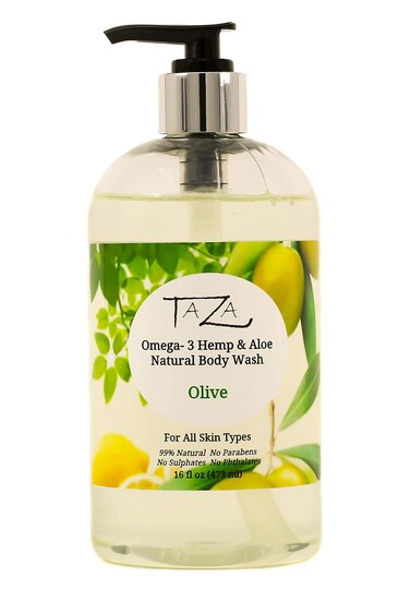 Taza Premium Natural Omega-3 Hemp &amp; Aloe Olive Body Wash, 16 fl oz (473 ml) Soft Smooth Skin Contains Omega-3 Hemp Seed Oil, Aloe Seed Juice, Chamomile Flower, White Willow Bark Extract, Glycerin