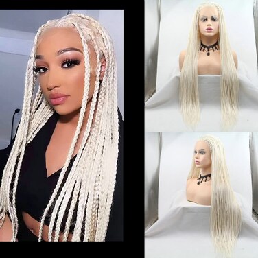 SN Afro America Long Braided Wigs With Baby Hair (White Blonde)
