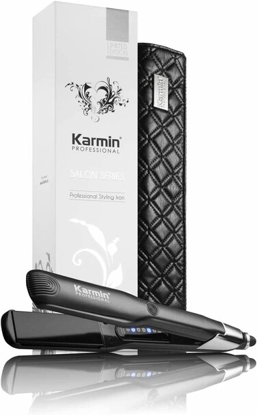 KARMIN Salon Series 1-inch Professional Ceramic Flat Iron Hair Straightener Ionic Hair Straightening Styling Iron, Straighten, Curl, Wave, Dual Voltage, Auto Shut Off, Carry Case/Heat Mat, Black