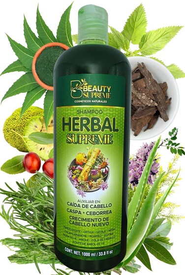 HERBAL Supreme Shampoo 33.8 fl oz Cacahuananche, Rosemary, Aloe, Neem, Horsetail, Nettle, Tepezcohuite &amp; Natural Herbs (Cacahuananche, Romero, Savila, Neem, Cola caballo, Ortiga, Tepezcohuite)