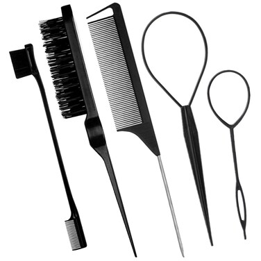 5Pcs Slick Hair Brush Set with 2Pcs Topsy Hair Tail Tool 1Pcs Bristle Teasing Hair Brushes 1Pcs Edge Brush 1Pcs Rat Tail Comb Woman,Girls,Hair Flyaways Styling,Edge&amp;Back Combing biack