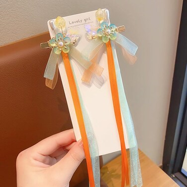 Tassel Ribbon Bowknot Hair Clips with Long Tail, Chinese Hanfu Flowers Hair Clips Cute Hair Accessories Barrettes for Girls Kids (Blue)